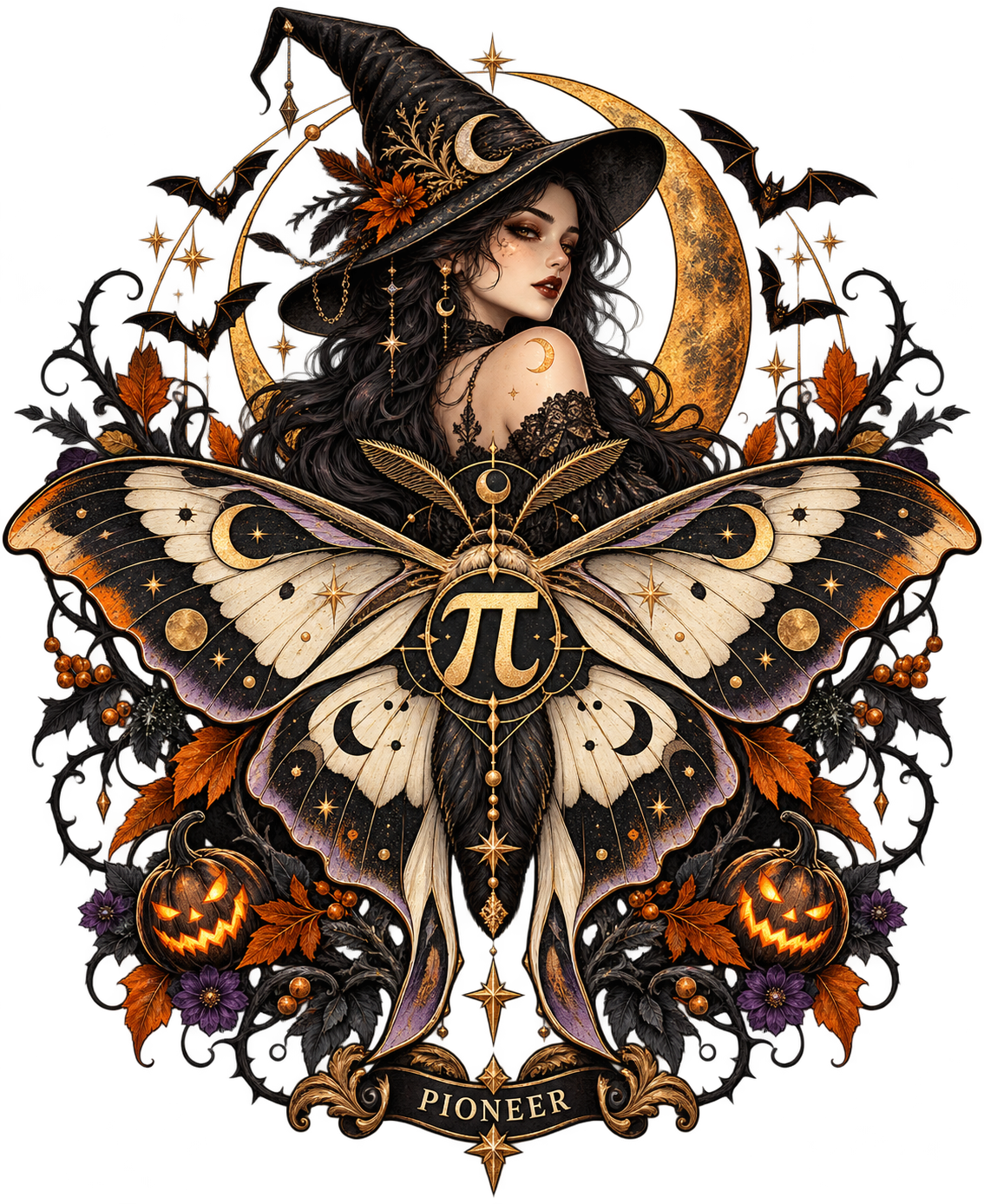 Celestial witch and moth artwork featuring a geometric pi symbol